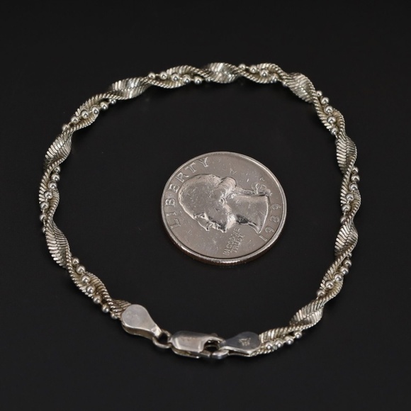 Sterling Silver Braided Ball & Herringbone Chain 7.25" Bracelet Made in Italy - Picture 4 of 5